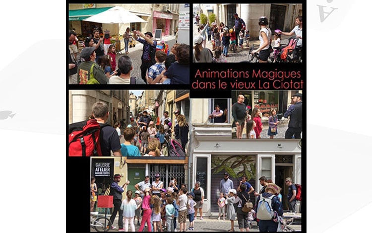 Animation du quartier du centre ville de la ciotat, pour l'association des commerçants. Déambulation magie